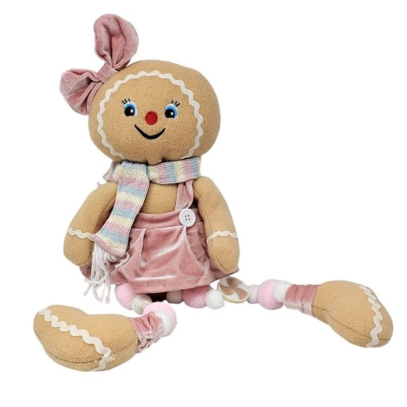 Plush Pastel Gingerbread Girl with Pastel Pom Pom Legs Christmas Shelf Sitter - Picture 1 of 4